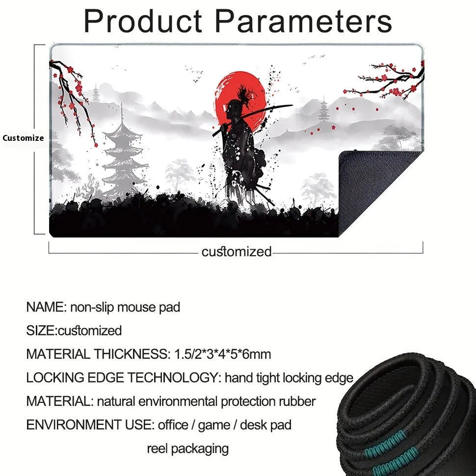Japanese samurai design cloth gaming mouse pad on a desk, showing non-slip base and custom artwork.