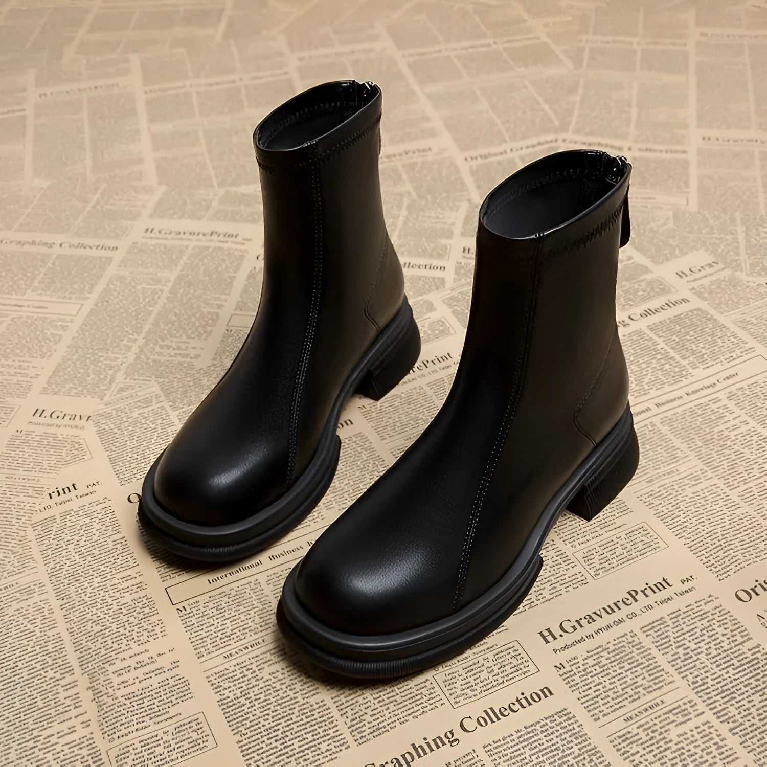 Women's flat heel ankle boots with back zip fastening in black and brown colour options