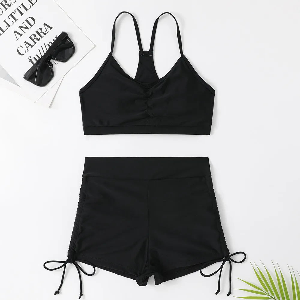 Women's purple and black high waist split swimsuit for swimming and surfing