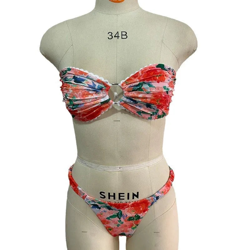 Women's floral print bikini set with lace tube top in blue, pink, yellow, or colourful options.