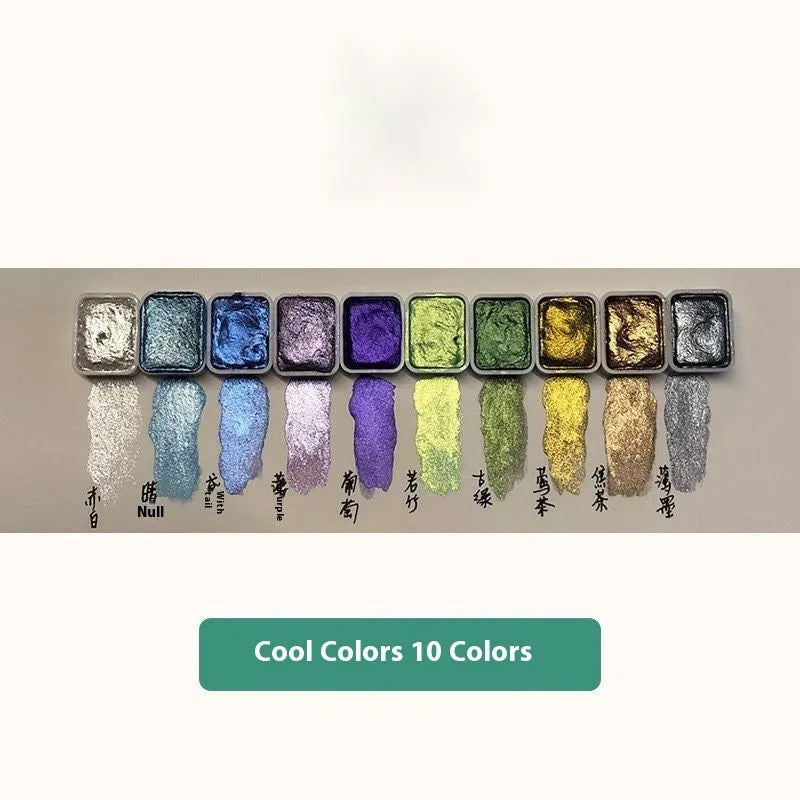 Traditional Chinese painting watercolour set showing pots of 20 colours, including red and white gold paints.