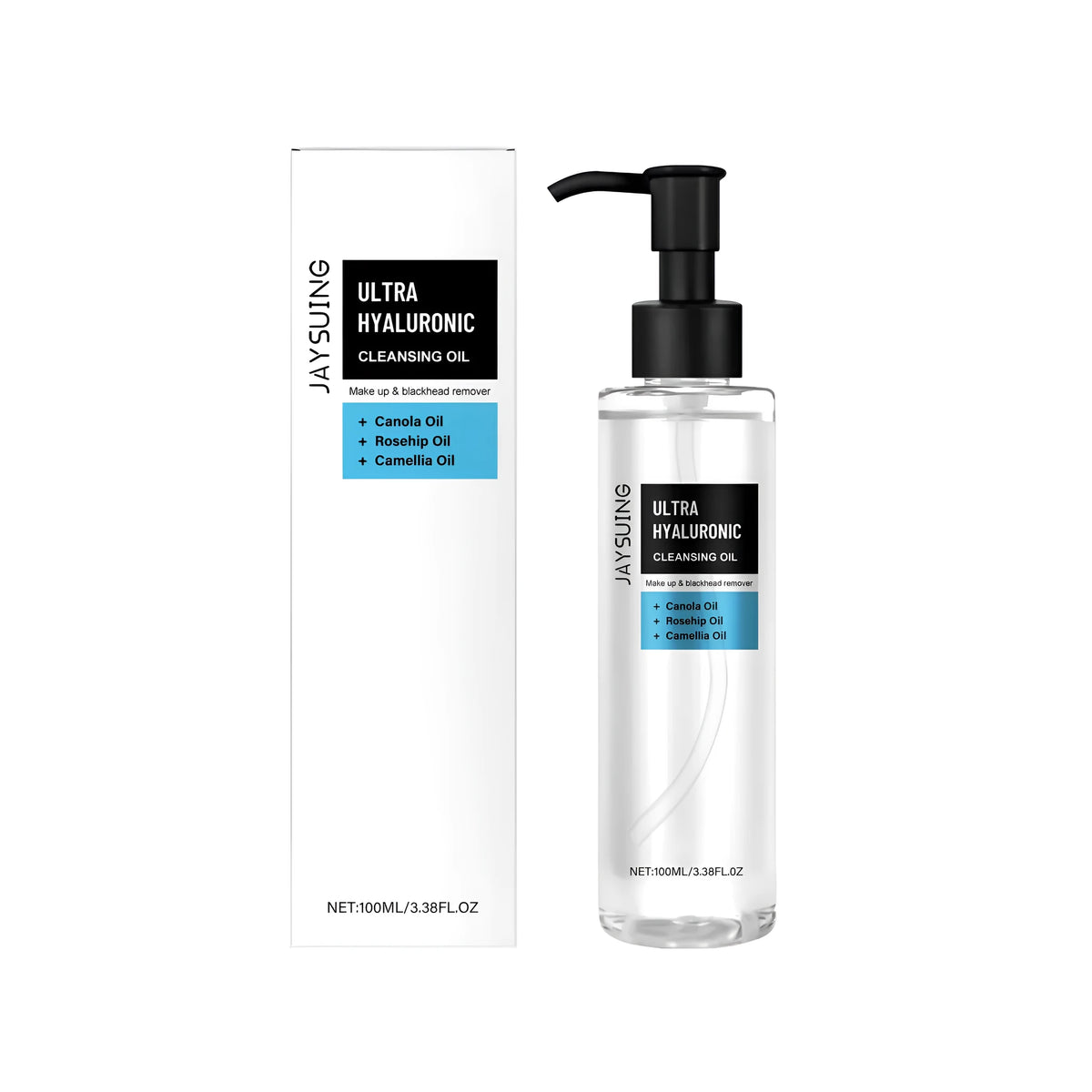 100ml bottle of hyaluronic acid cleansing oil with rose hip and camellia seed oils for makeup removal.
