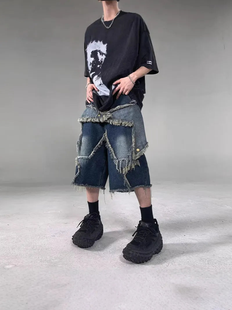 Blue denim shorts with frayed details and five-pointed star design, loose fit summer shorts