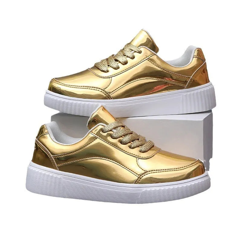 Rose gold sequin platform sneaker with a thick white MD sole and round toe.