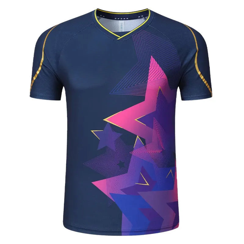 Unisex blue and black polyester badminton sportswear set with short sleeves and full-length trousers