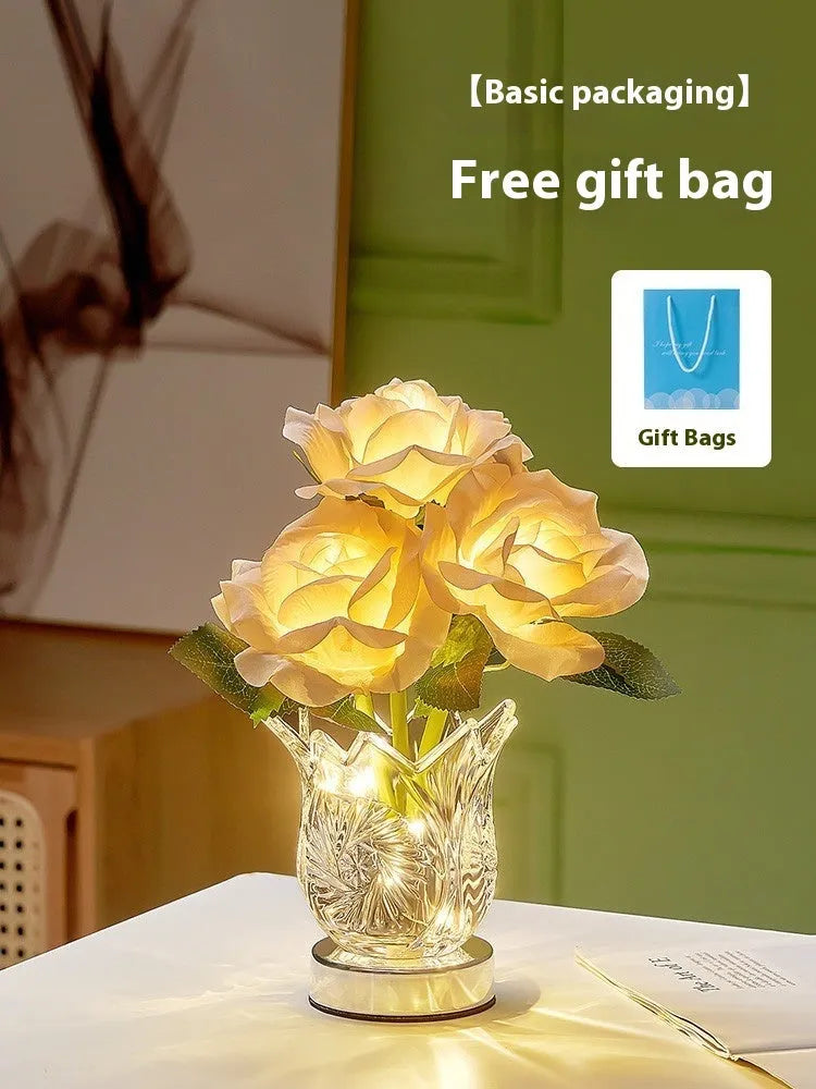 Modern crystal flowers design rechargeable touch table lamp on a bedside table.