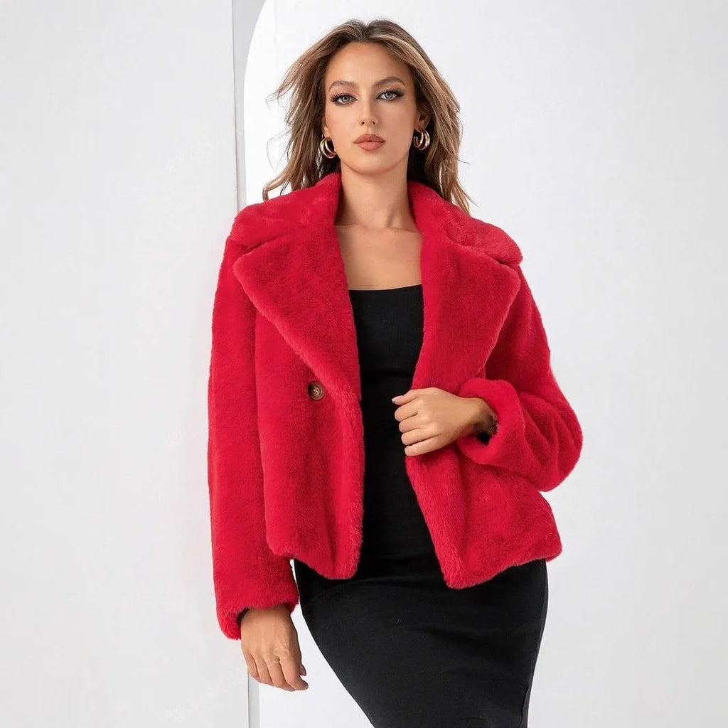 A woman wearing a rose red loose short faux fur coat with regular sleeves.